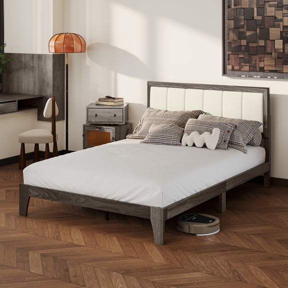 HOMCOM Full Size Bed Frame with Upholstered Headboard, Full Platform Bed Frame with Wooden Slats, No Box Spring Needed, Easy Assembly, Charcoal Gray