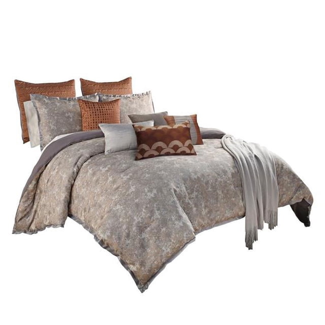 Benjara BM227290 Polyester Comforter Set with Textured Details, Gray & Brown - King Size - 12 Piece
