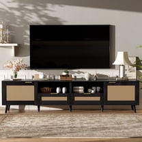 Rattan TV Stand for TVs up to 85", BTMWAY TV Stand, Modern Farmhouse Entertainment Center for TVs, Media Console with 2 Storage Drawer and Solid Wood Legs, TV Cabinet with Storage, Black