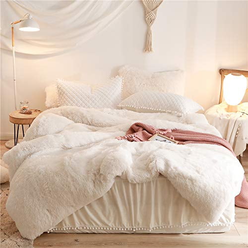 HAIHUA A Luxurious, Loose and Comfortable Duvet Cover Suit with Plush (1 Artificial Fur Duvet Cover + 2pcs Velvet Fringed Pillowcase), Solid Color, Zipper Closure, and no Quilt (Beige, Queen)