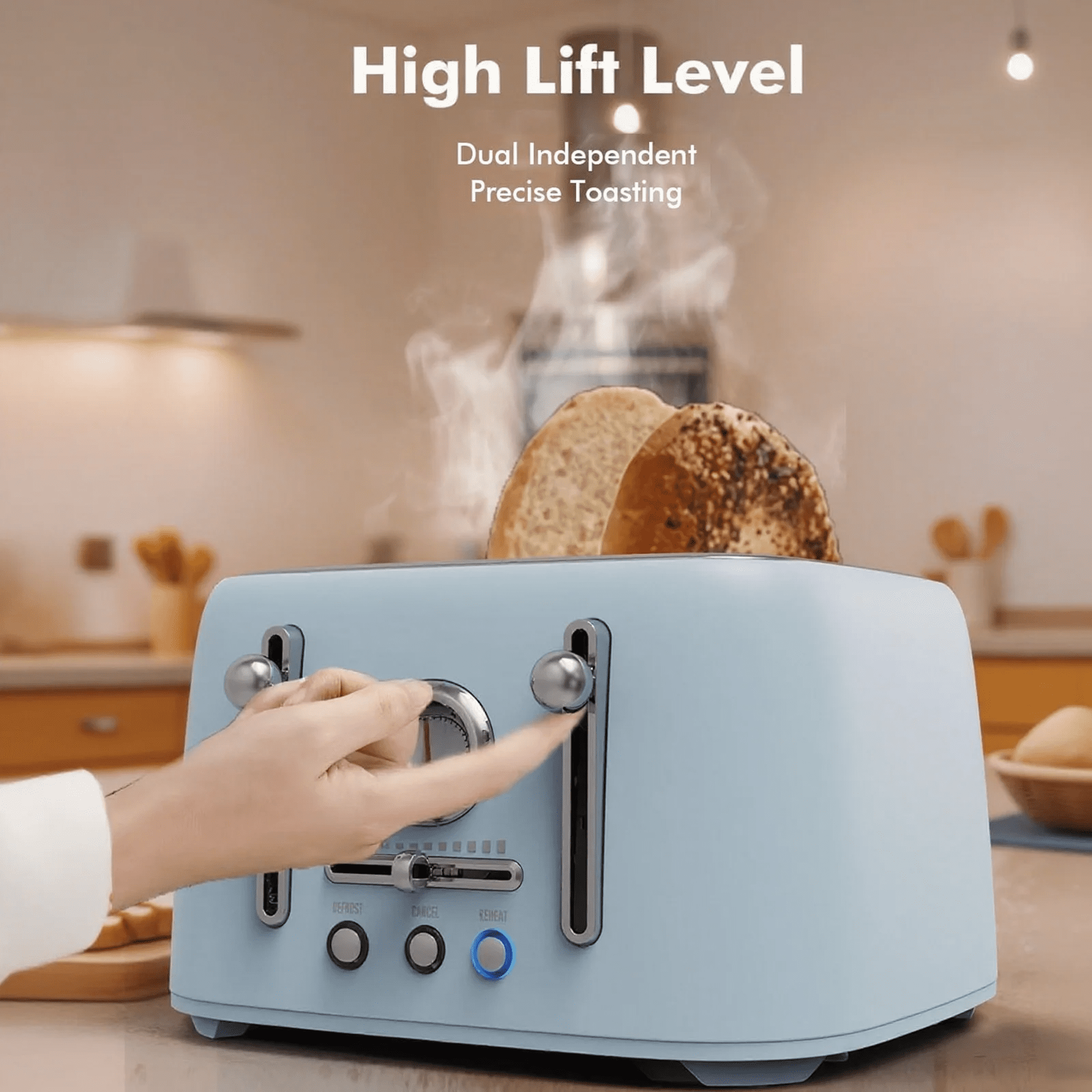 Sanerto 4-Slice Toaster, 1.6" Extra Wide Slots, 6 Browning Levels, Bagel/Defrost, Stainless Steel,120V, 1800W,  Blue