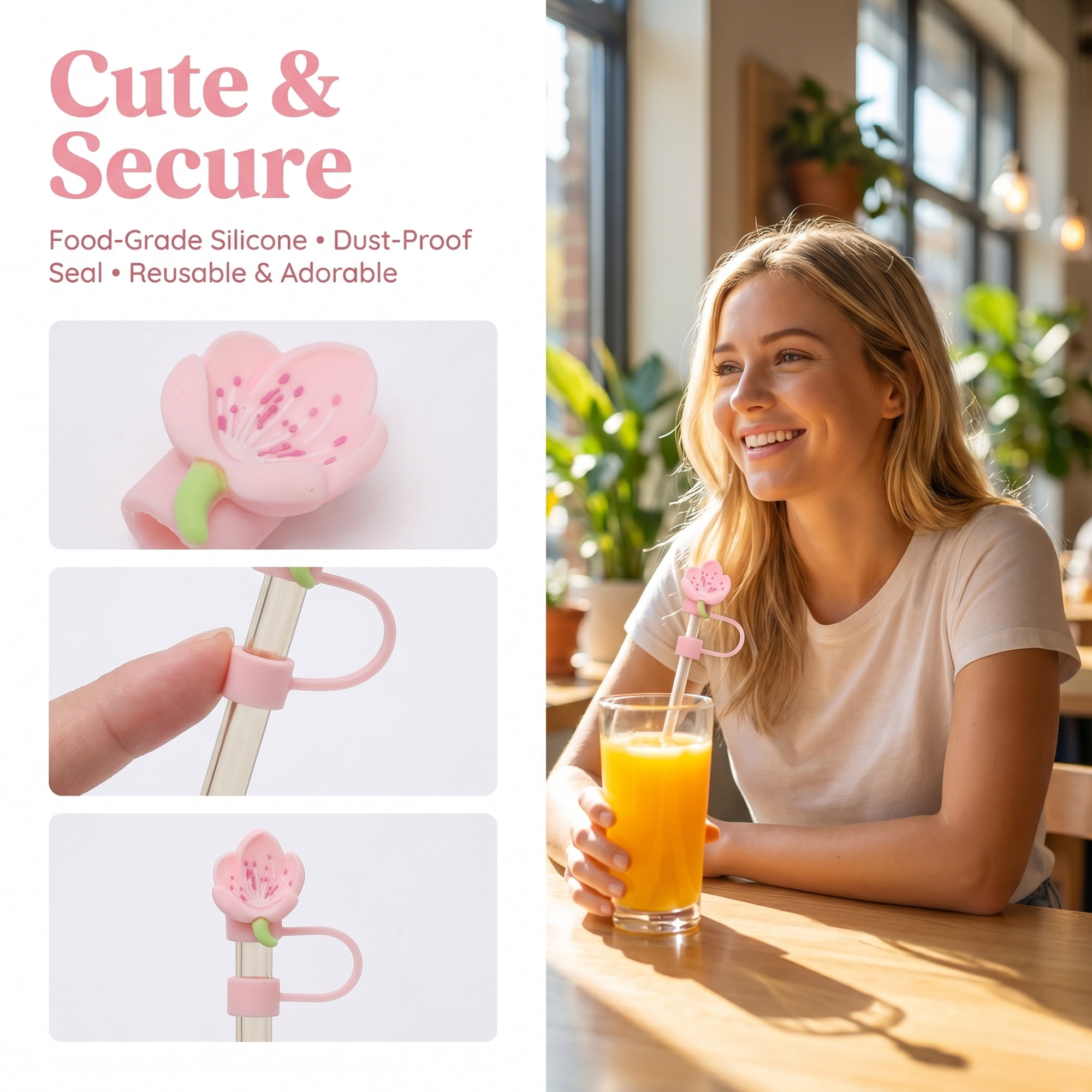 Unique Bargains Floral Silicone Straw Caps Reusable Dust-Proof Toppers Pink C
