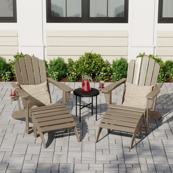 WestinTrends Highland 4-Piece Outdoor Patio HDPE Adirondack Chairs With Ottomans and Cup Holder Set, Weathered Wood