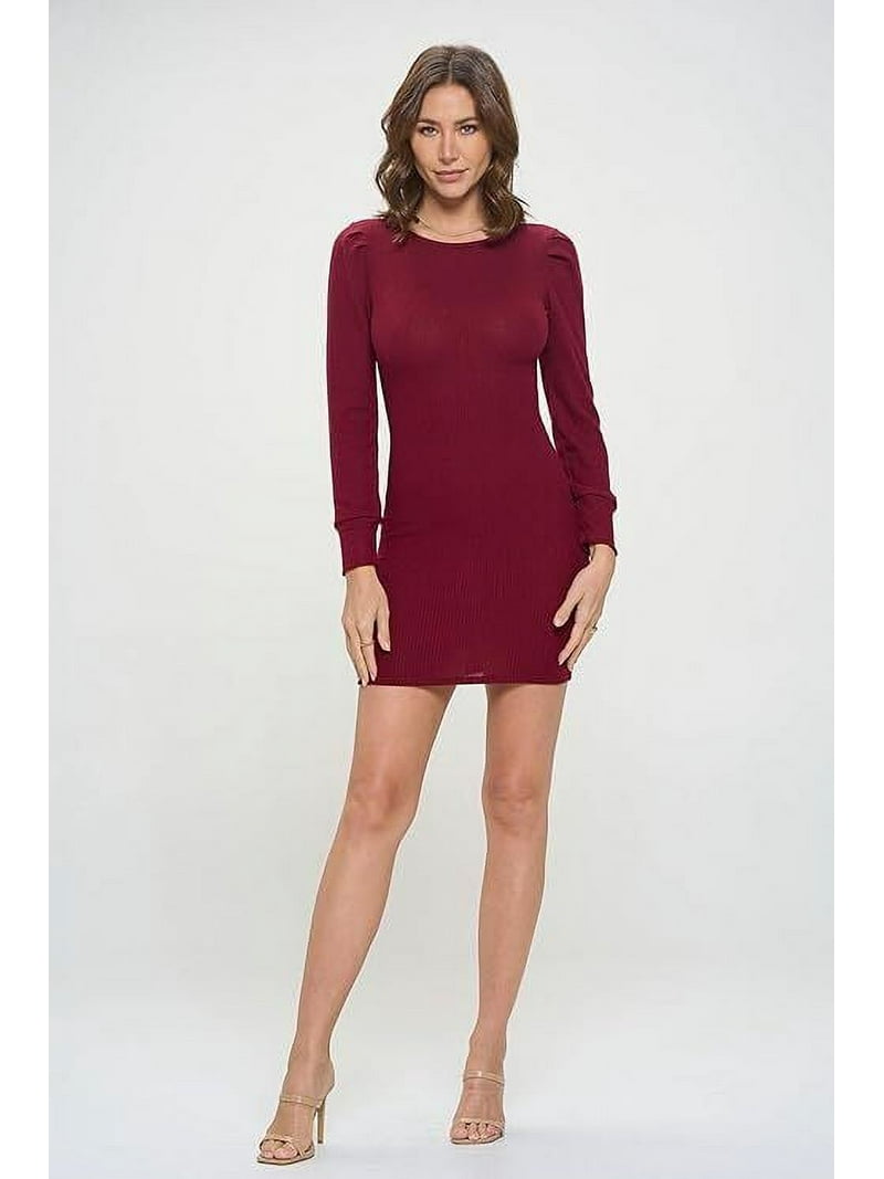 Ruby Dark Small Size Women's Long Sleeve Mini Cocktail Bodycon Dress,  Stretchy Ribbed Knit, Round Neck - Walmart.com