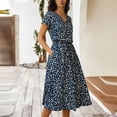 thumbnail image 2 of Fengqque Women Summer Midi Dresses Chiffon Short Sleeve Button V Neck Waist Drawstring Plus Size T Shirt Dress Navy XXL(XXL), 2 of 7