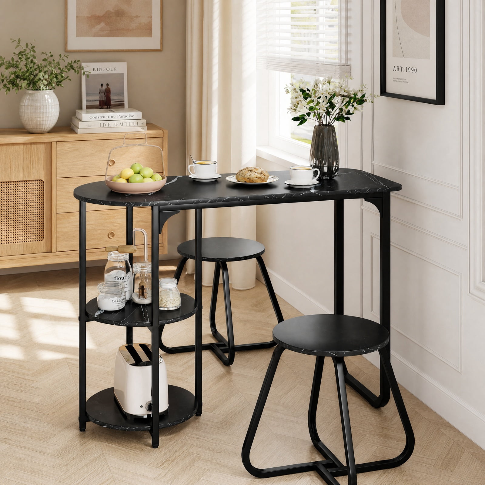 Furnibear 3 Piece Industrial Dining Table Set for Small Space with 2 Stools and Side Shelves for Kitchen and Apartment, Black