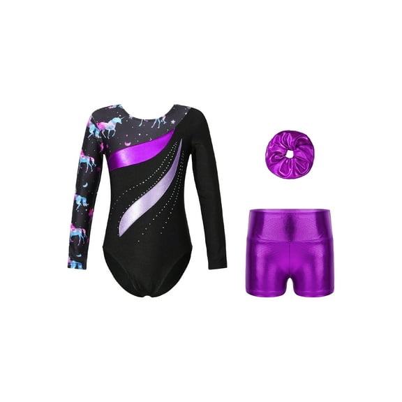 DPOIS Kids Girls Long Sleeve Gymnastics Leotard Bodysuit with Shorts Scrunchies Dark Pegasus 14