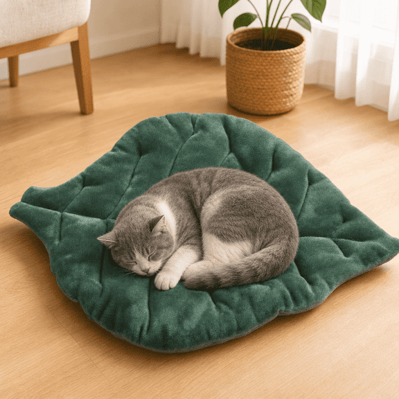 Cat Mat, Cute Cat Bed, Leaf Blanket, Cat Warming Pad, Cat Cushion, Leaf Shaped Soft Plush Self Warming Pet Mat Pad Foldable Comfort Cushion for Cats Small Dogs Indoor Sofa Floor Window Sill Decor