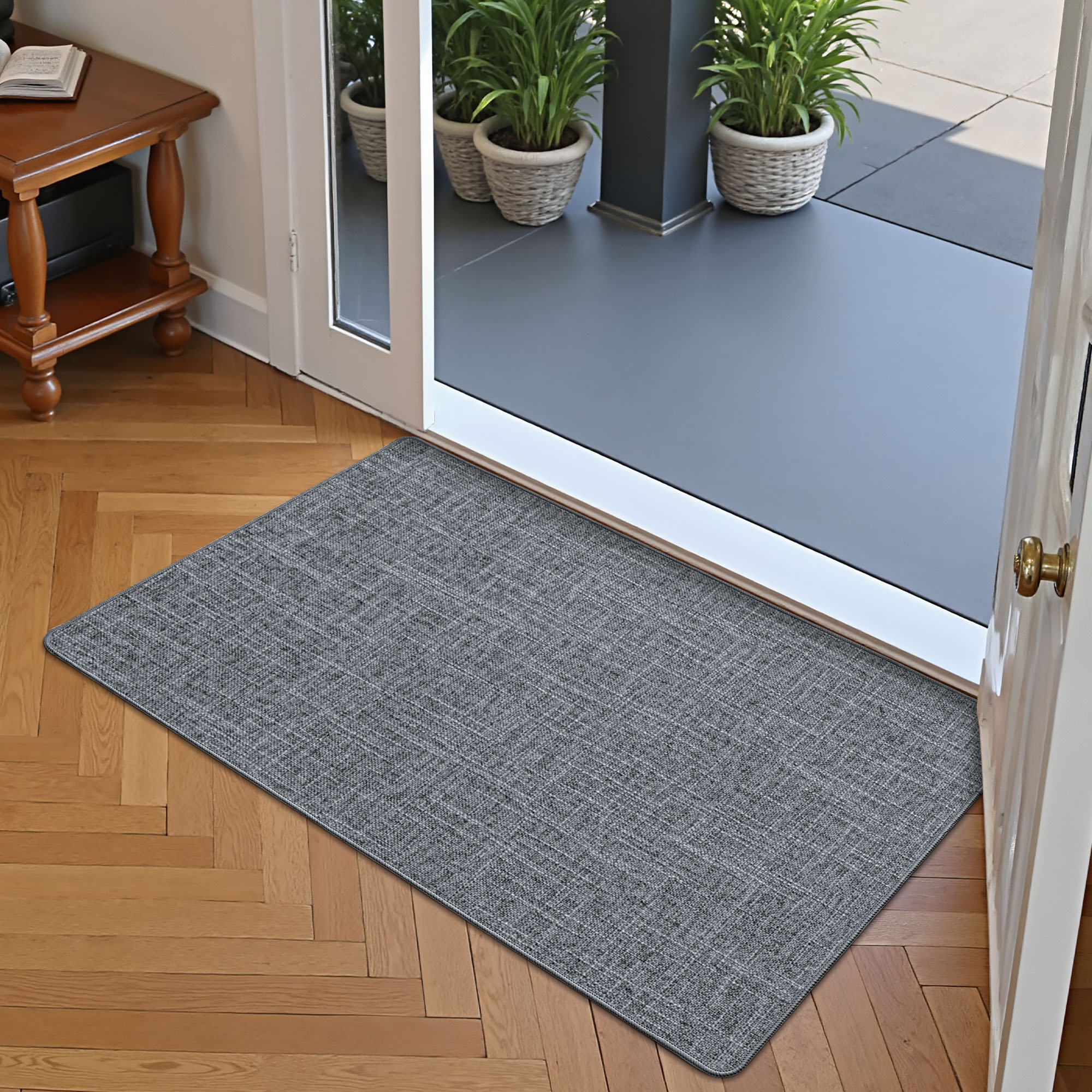 FRABE Ultra Thin Door Mat for Entryway, Low Profile Non Slip Rubber Backing Indoor Doormat, Easy Clean Welcome Entrance Mat for Inside House, Patio, Dark Grey 20"x32"