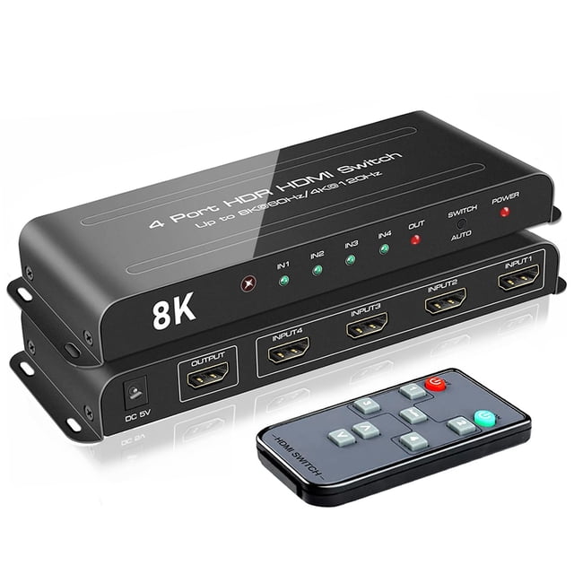 Conmutador HDMI ROOFULL de 4 puertos 8K @60Hz 4K @120Hz con control remoto de 48 Gbps