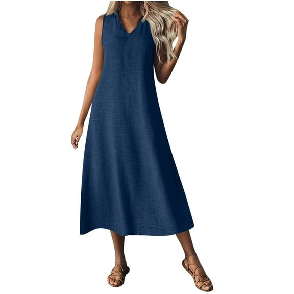 Roncen Fashion Women Summer Casual V-Neck Sleeveless Solid Long Dress Clothes for Women Dress