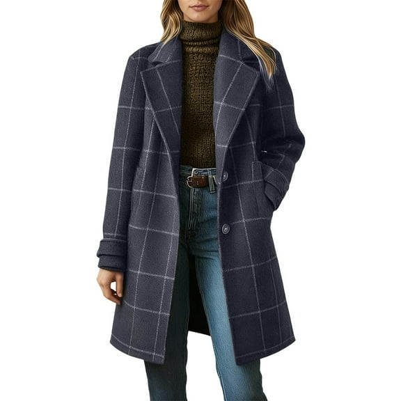 Women's Winter Oversized Lapel Collar Woolen Plaid Single Peacoat Color: Grey Size: XL