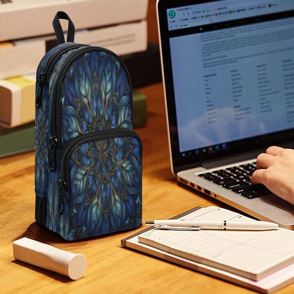 Backpack Pencil Case, 3 Compartment Large Capacity Oxford Fabric Pencil Pouch / Blue Glass Flower Petals