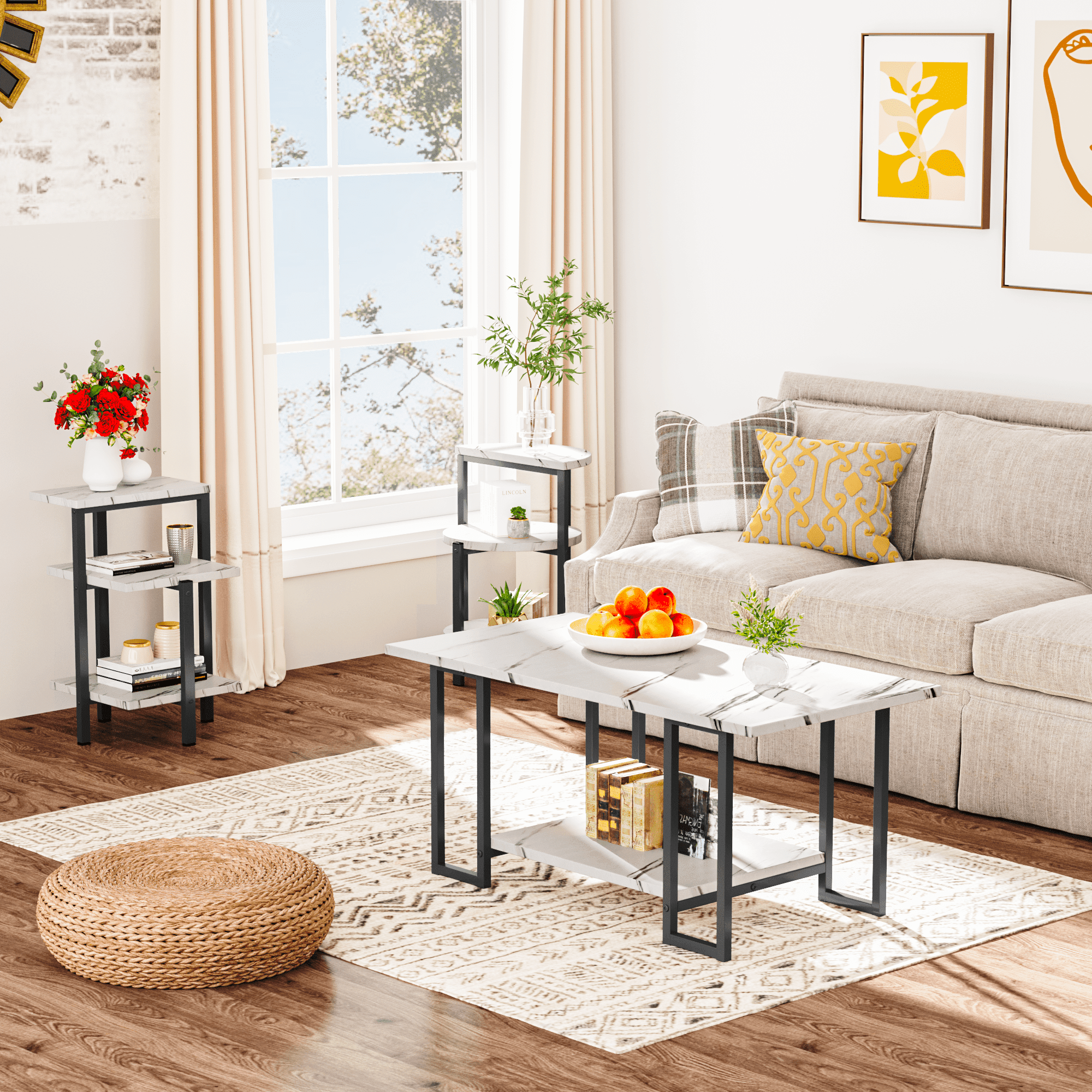 Baxluxe 3 Pieces Faux Marble Table Set, Modern Rectangle Coffee Table with 2 Side Table, Faux Marble Tabletop and Metal Frame, 3 Pieces Table Sets for Living Room, Apartment, White & Black