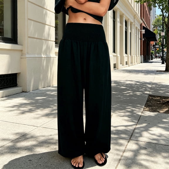 Women's Solid Color High Waisted Gathered Cotton Linen Pants, Balloon Harem Trousers with Elastic Cuff, Loose Wide Leg Breathable Summer Travel Casual Pants Black L