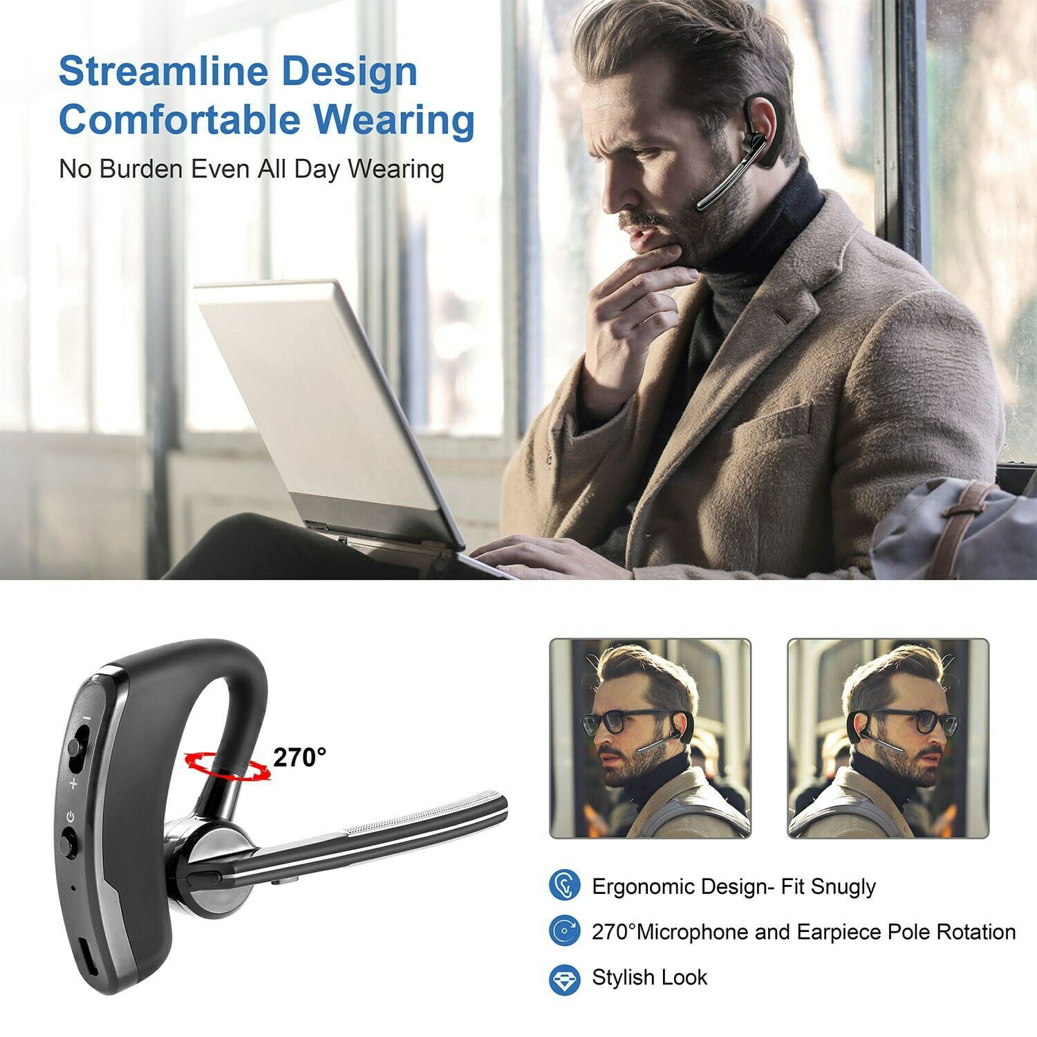 Silver Bluetooth Earpiece for Cell Phones ZEEYU Wireless Bluetooth Headset V5.0 with CVC8.0 Noise Canceling Microphone Hands Free Waterproof for Driving Business Office iPhone Android Samsung 