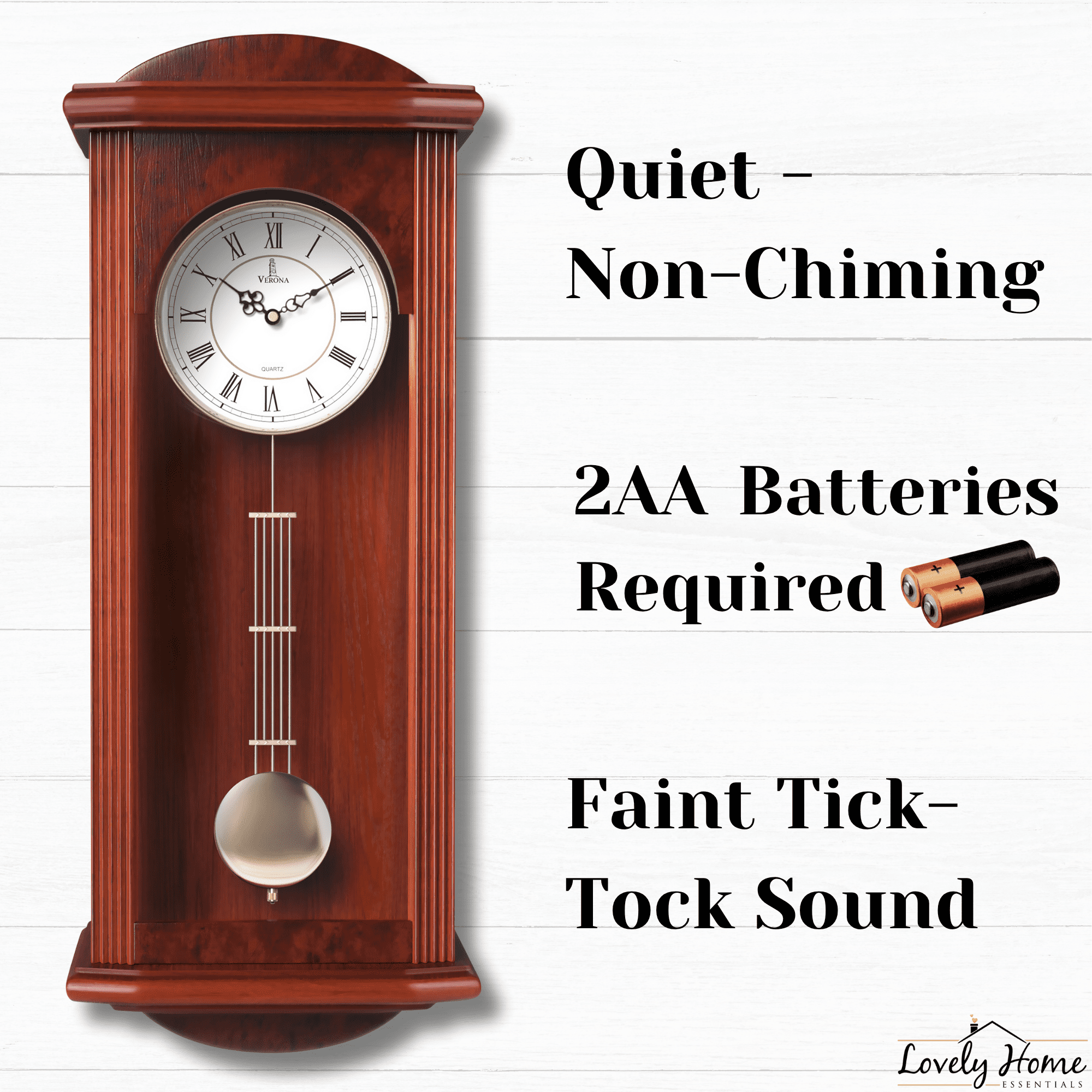 Pendulum Wall Clock, Silent Decorative Wood Clock with Swinging Pendulum, Battery Operated, Large Red Wooden Design, for Living Room, Kitchen, Office & Home Décor, 26.75 x 11.5 inches