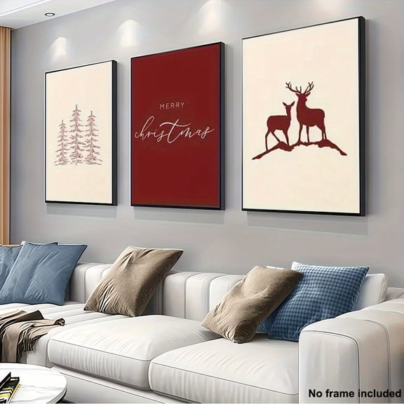 3pcs, 2D Frameless Canvas Art, Set of 3 Christmas Wall Decor Prints with Festive Tree and Reindeer Design - Suitable for Living Room Home Decoration, 2D Flat, Perfect for Room Decor