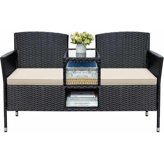 Greesum Patio Loveseat Outdoor Wicker Furniture Conversation Set with Soft Cushions & Built-in Coffee Table for Lawn Garden Backyard, Beige