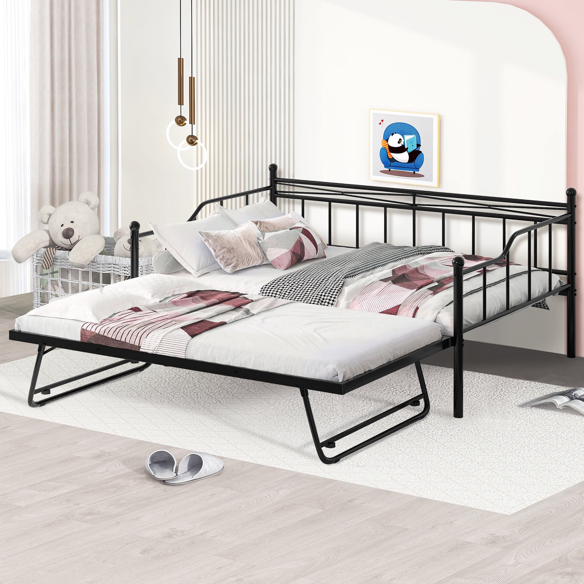 PAPROOS Daybed with Trundle Included, Twin Size Metal Daybed Frame with Pull out Trundle Bed, No Box Spring Needed, Black