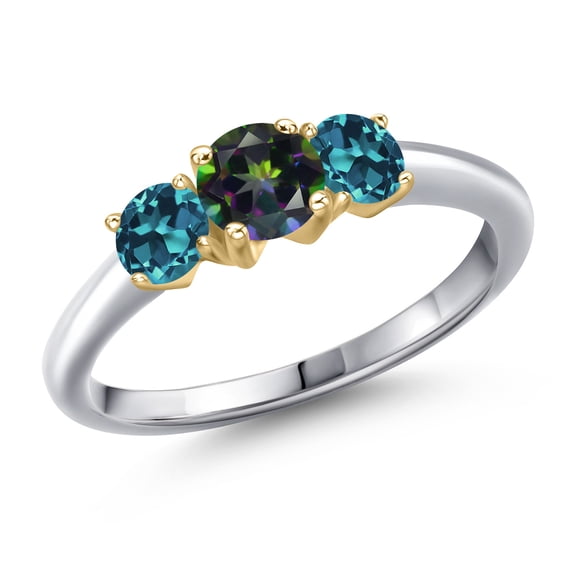Gem Stone King 925 Silver and 10K Yellow Gold Green Mystic Topaz and London Blue Topaz Engagement Ring for Women | 1.21 Cttw | Round 5MM | Gemstone November Birthstone | Size 9