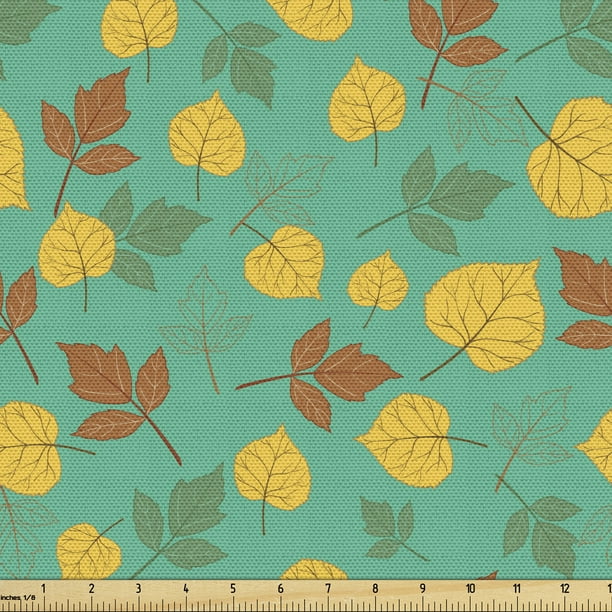 Autumn Fabric by the Yard, Seasonal Fall of the Leaf Warm Colors Simple Art  Design Composition Print, Upholstery Fabric for Dining Chairs Home Decor  Accents, Sea Green and Mustard by Ambesonne -