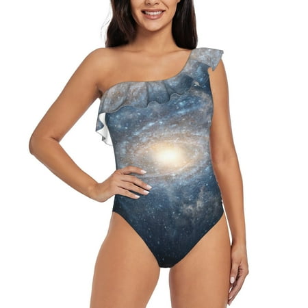 Uemuo The Galaxy Print Women s One Piece Swimsuit Asymmetrical Neck Bathing Suit One Shoulder Side Cutout Ruffle Swimwear-Medium