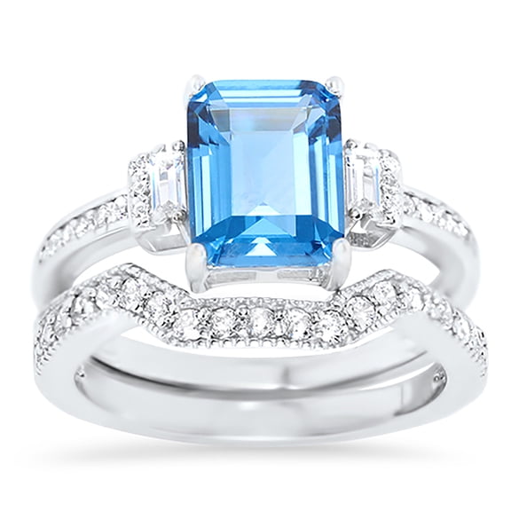 LaRaso & Co Blue Topaz CZ Wedding Ring Set for Women Sterling Silver CZ Bridal Set Size 7