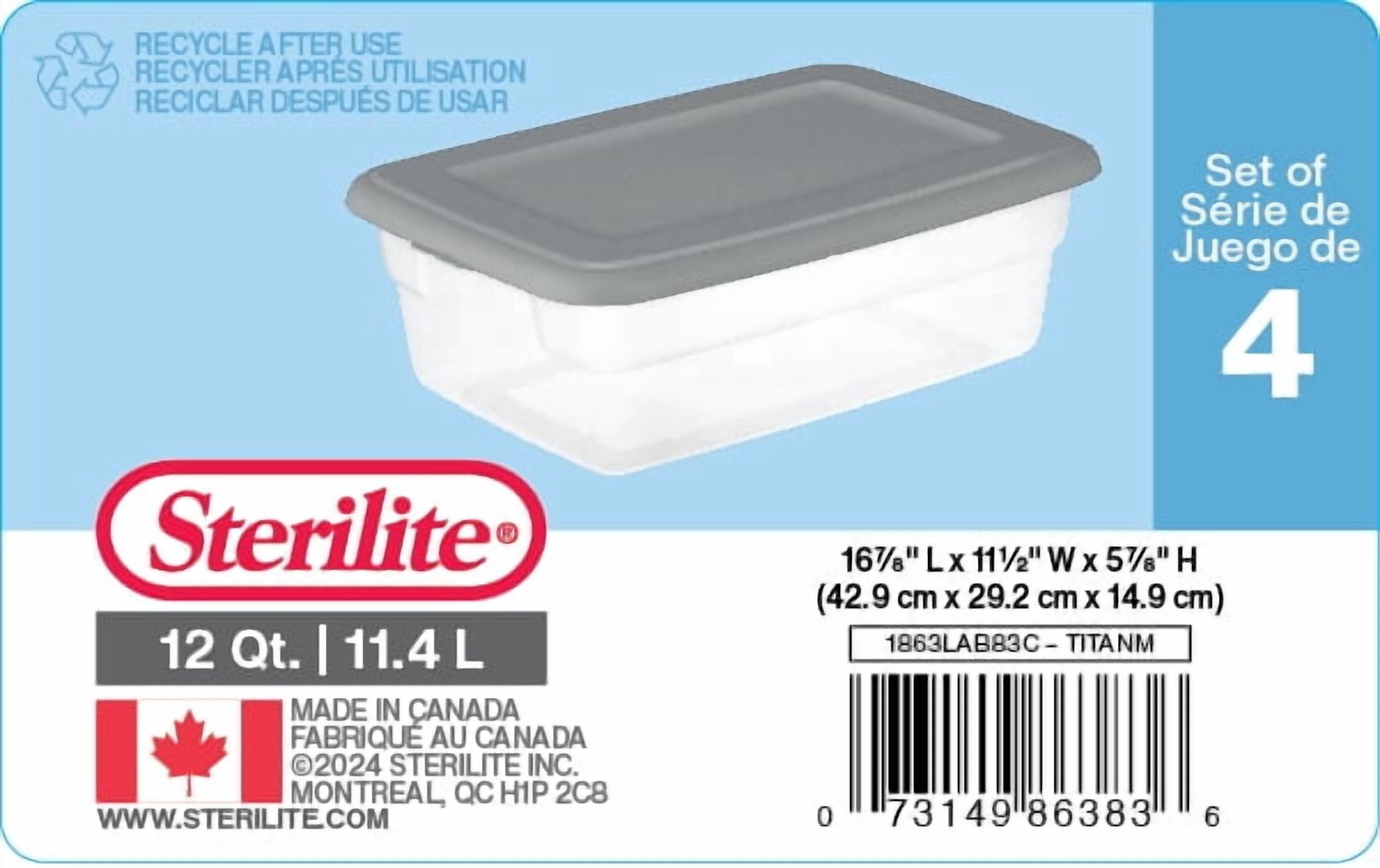 Sterilite Set of (4) 11.4 Liter Storage Box, Clear Plastic Storage Bins, Snap-on Lid, Grey