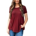 thumbnail image 3 of Femmes T-shirt Couleur Unie Haut Col Rond Manches Courtes Chemisier Manches Unie, Rouge Vin, S, 3 of 5