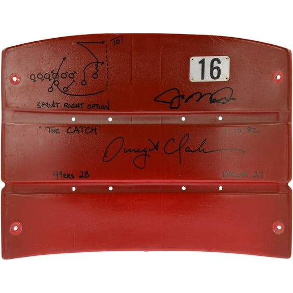 Joe Montana and Dwight Clark Dual Signed Candlestick Red Seatback with Multiple Inscriptions including "The Catch" Play Drawn by Dwight Clark - Signed in Black Ink - Fanatics Authentic Certified