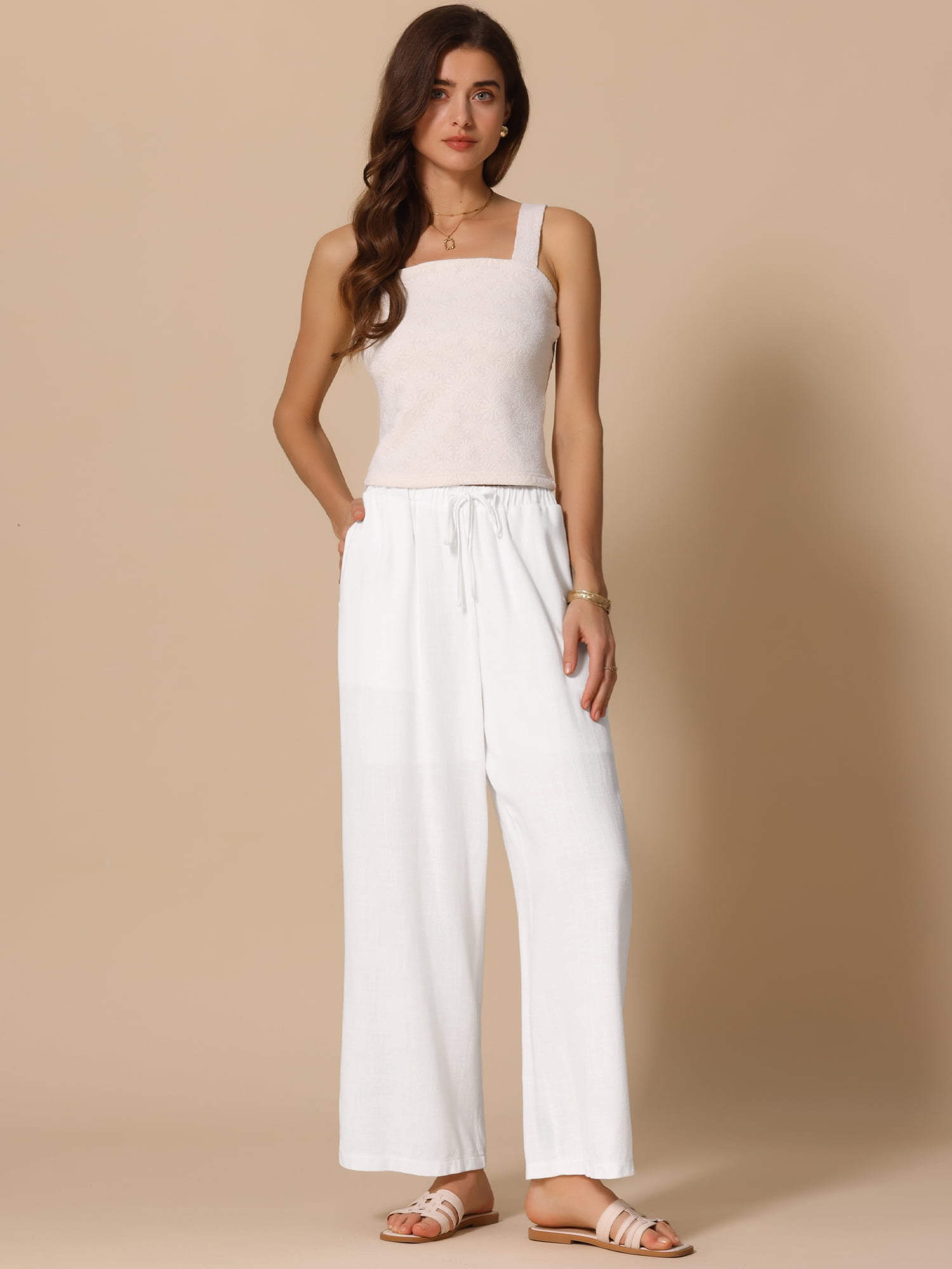 DARING DIVA Women's High Waist Drawstring Palazzo Pants M White