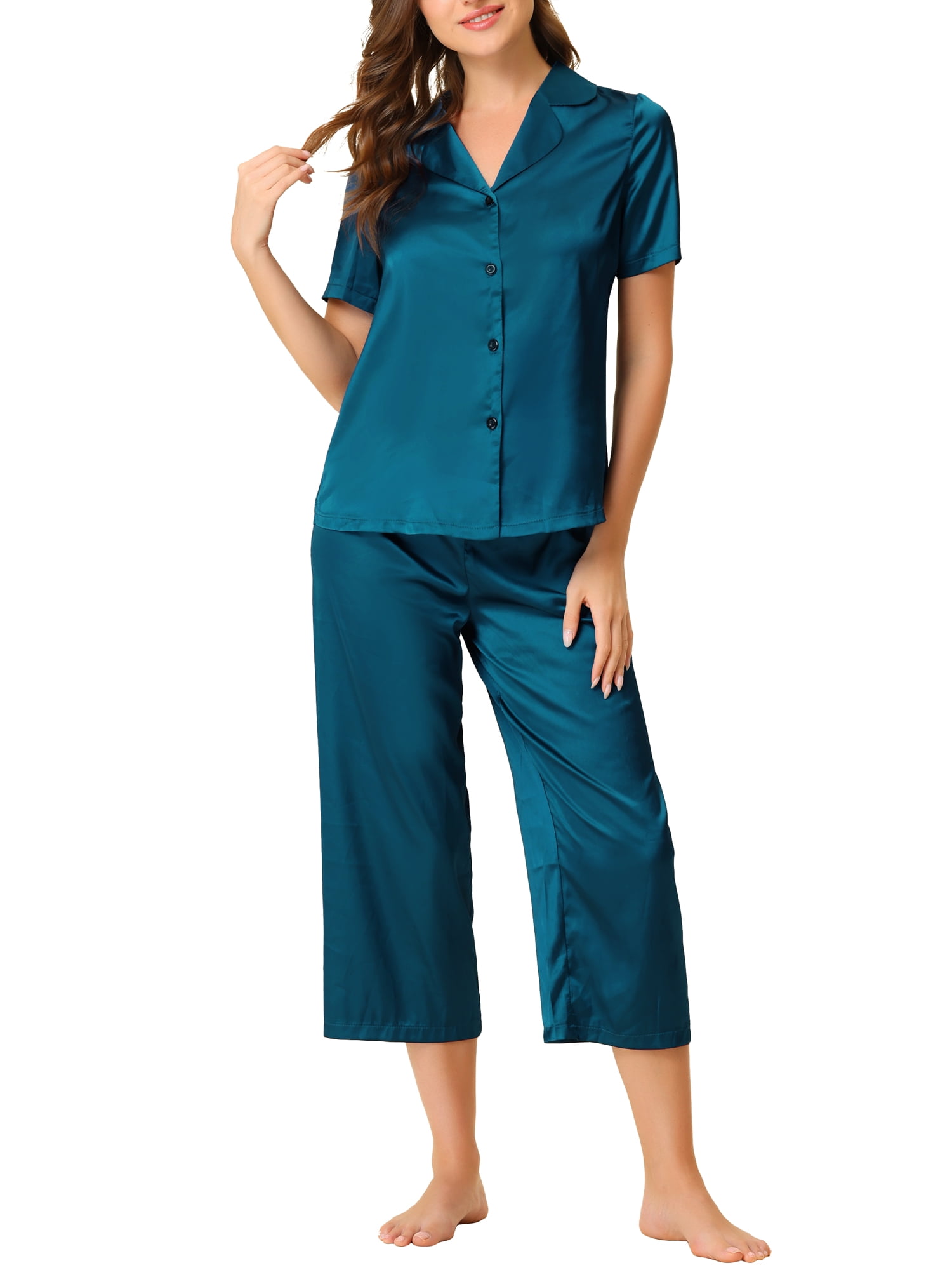 Unique Bargains Women's Loungewear Tops and Capri Pants Satin Pajama Sleepwear Sets