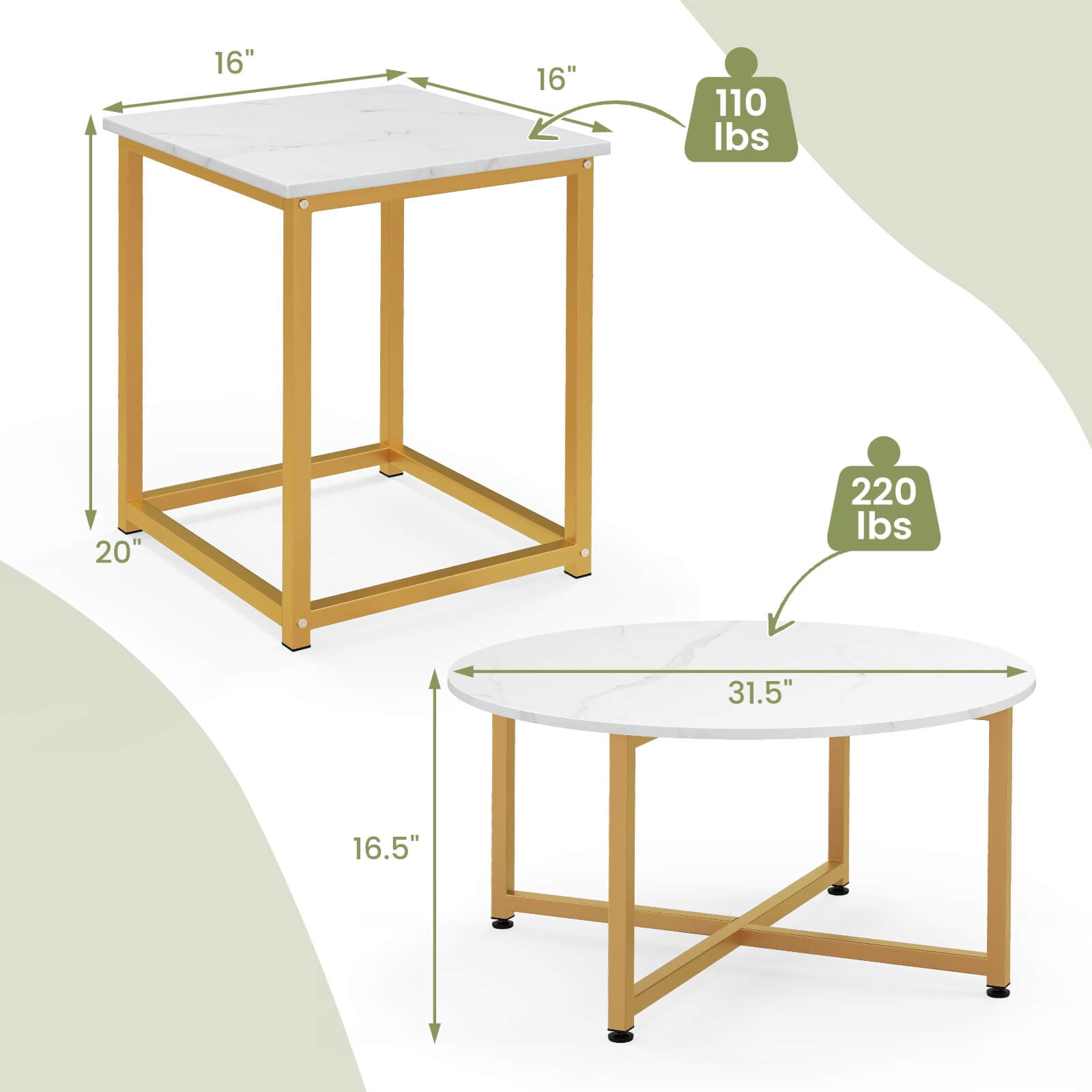 Costway 3 PCS Coffee Table Set Round Coffee Table and 2PCS Square End Tables Metal Frame White