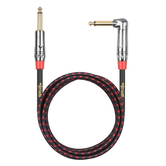 Clef Audio Labs 6.35mm TS to 6.35mm TS Straight to Angled, Black Chrome Zinc Alloy Shell/Red Braided - 6FT-1PK