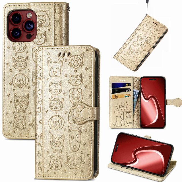 Funda Cartera FOXDOCK para iPhone 15 Pro , Flip PU con Relieve de Gatos y Perros, Tarjetero y Soporte