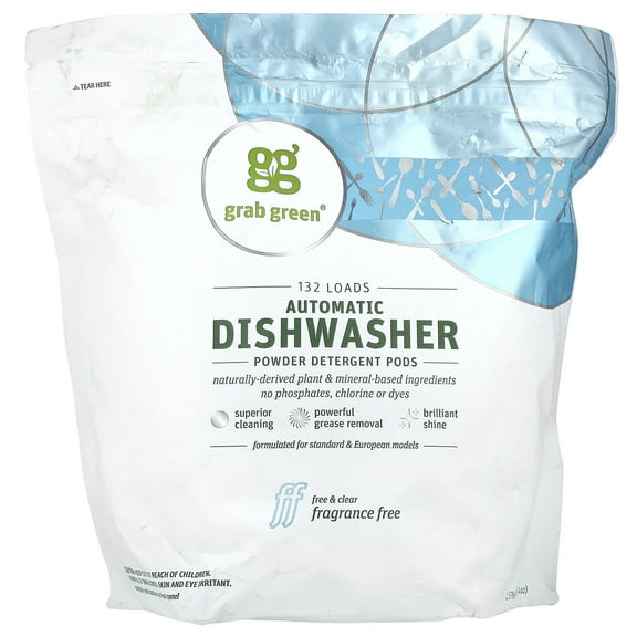 Grab Green Automatic Dishwashing Detergent Pods, Fragrance Free, Grease Removal, 132-Count