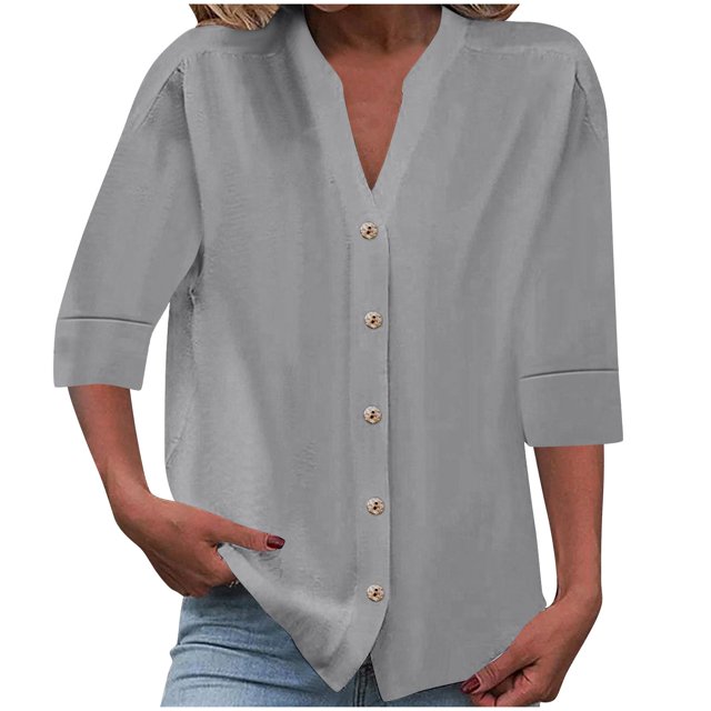 Timegard Womens Tops 1/2 Sleeve V Neck Button down Shirts Casual Loose Lightweight Blouse Solid Color
