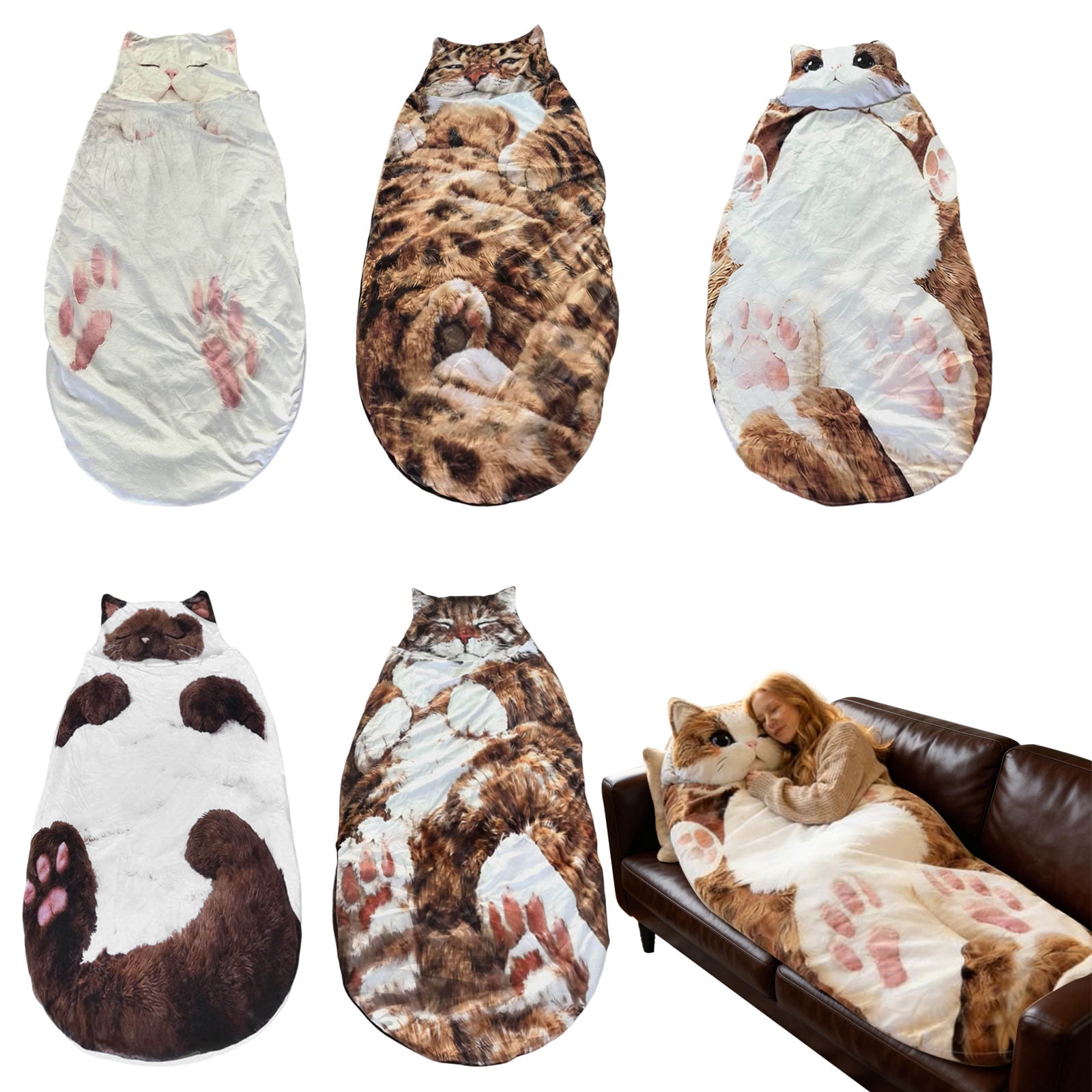 Adult Soft Plush Cat Envelope Sleeping Bag Warm Washable Blanket for Camping Sleepovers Home Lounging
