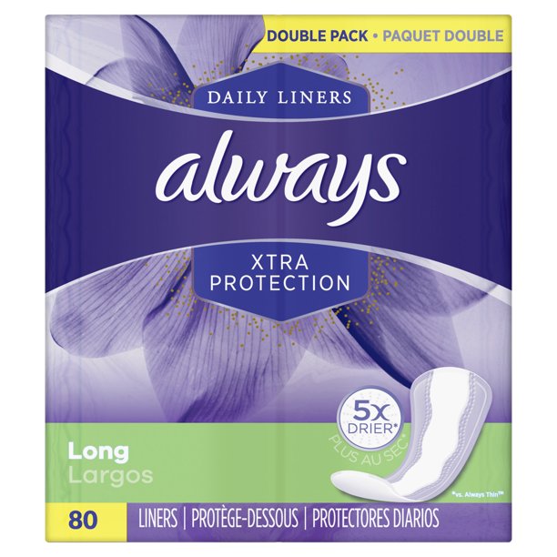 Always Xtra Protection Daily Liners Long Unscented, 80 Count Walmart
