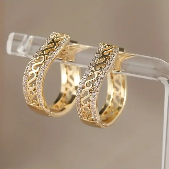 Hitanshu Jewels Elegant 14K Yellow Gold Finish Hollowed-Out Hoop Earrings Round Cut CZ