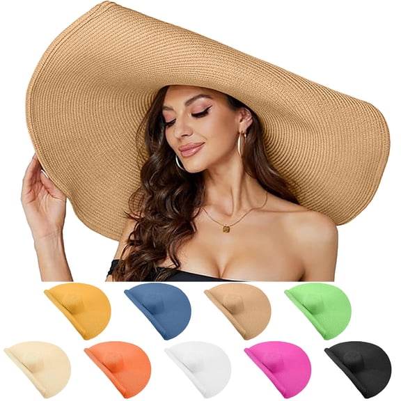 XINPING Oversized Straw Hat for Women, Fashion Handmade Roll Up Floppy Sun Hat Large Wide Brim Visor Hats for Summer Beach Cap