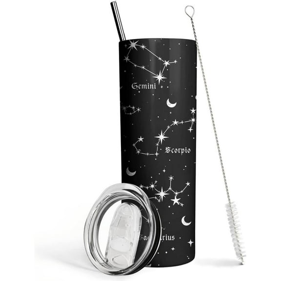 Constellation Tumbler with Lid and Straw, Goth Zodiac Astrology Sign 12 Constellation Insulated Cup Coffee Mug, Birthday Zodiac Gifts for Women Girl, Star Witch Tumbler(Black 20 Oz)
