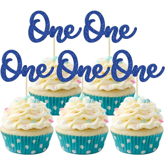 12pcs Deep Blue One Cupcake Toppers Glitter Baby Shower First Birthday Cupcake Picks One Cake Decorations for Baby Shower Kids 1st Birthday Party Supplies