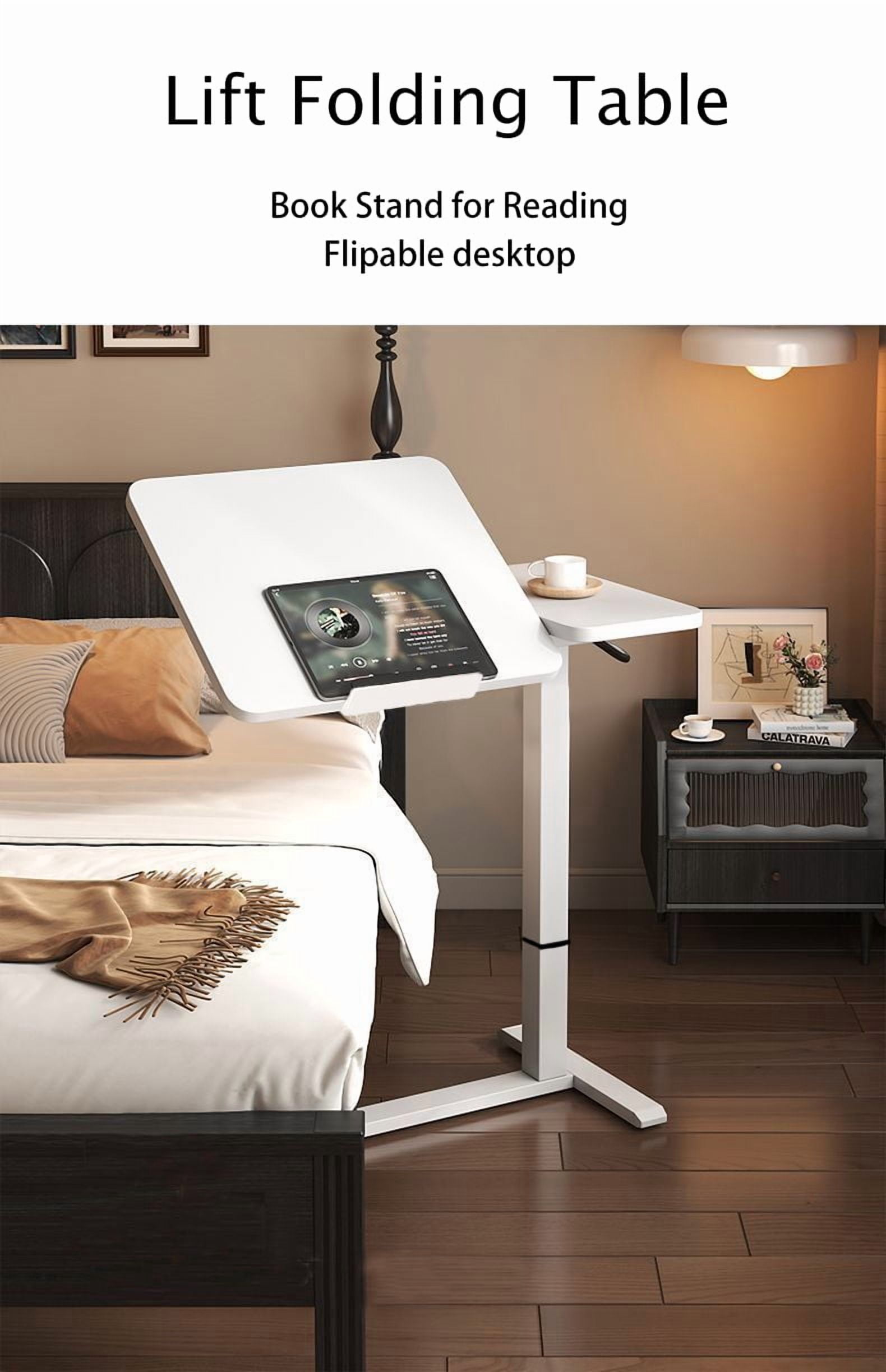 Upgraded White Mobile Overbed Table, Height Adjustable Tilting Laptop Rolling Stand with Lockable Wheels, Ergonomic Over Bed Desk for Working, Dining & Reading on Bed or Sofa