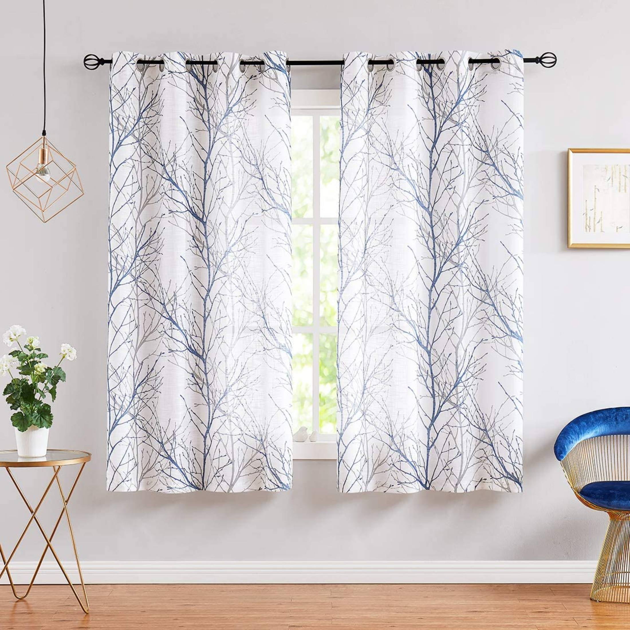 Decoultimatex Blue White Semi-Sheer Curtains Tree Branches Print Linen ...