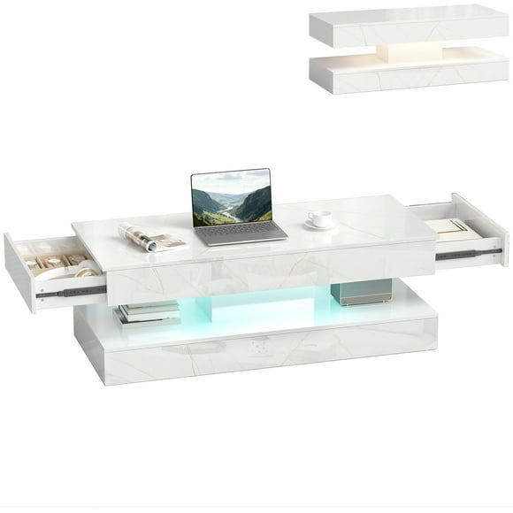 HOMCOM Marble-Effect Coffee Table with LED Light, Center Table, White