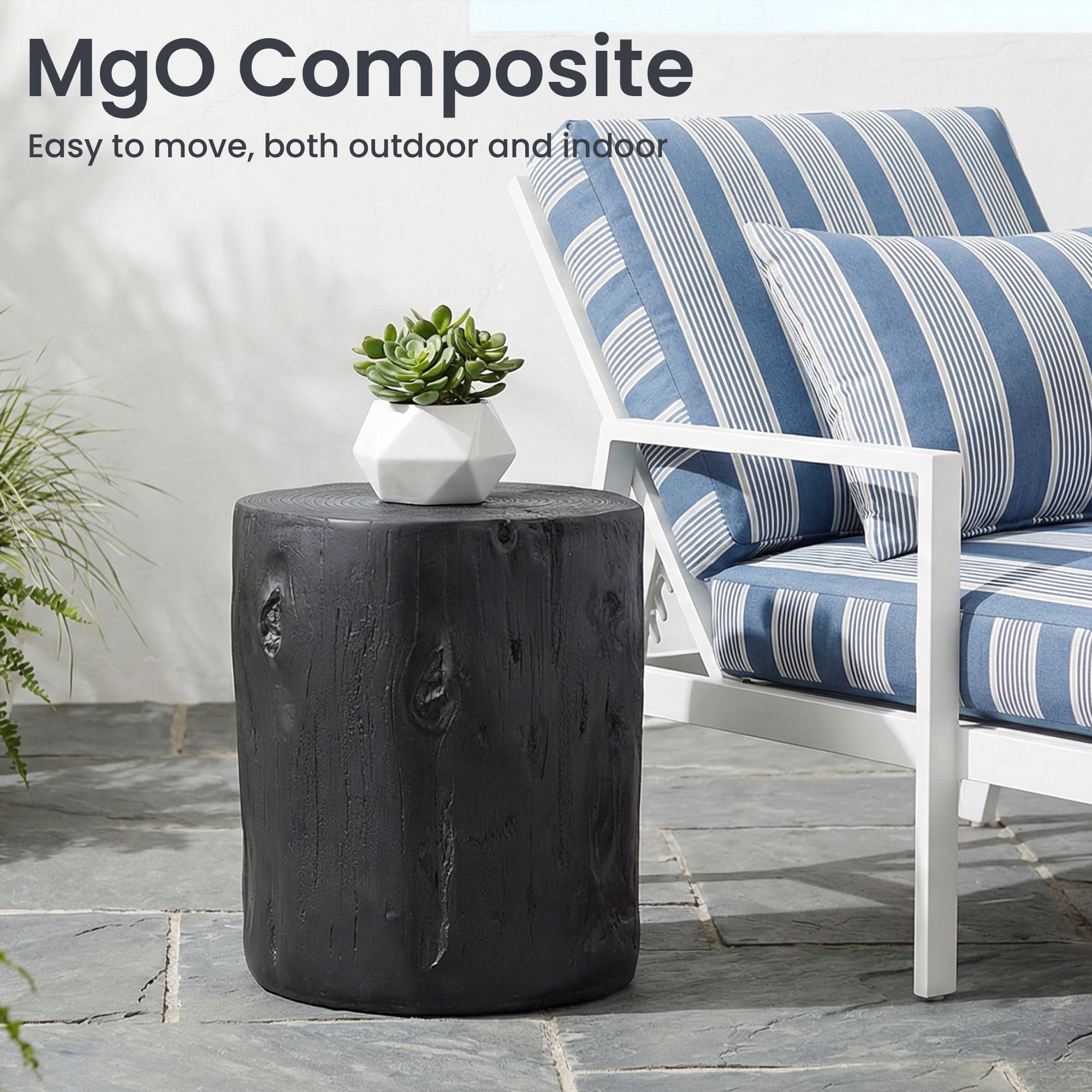 VENTOPYR Painted Black Concrete End Table,Faux Wood Tree-Trunk Stool