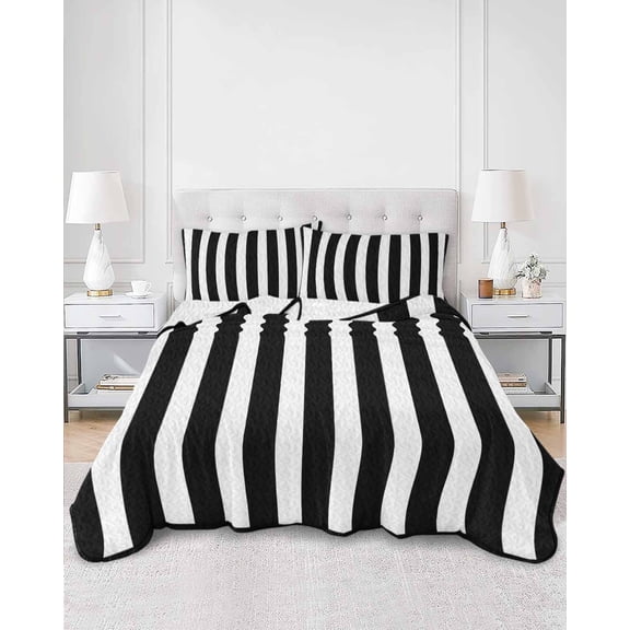 Quilts King Size, Black Striped Soft Comforter Bedding Set for Bed, Modern Farmhouse Black and White Stripes Lightweight Quilted Bedspread with Pillow Cover(2 Pieces) for All Season, 96x106 Inch