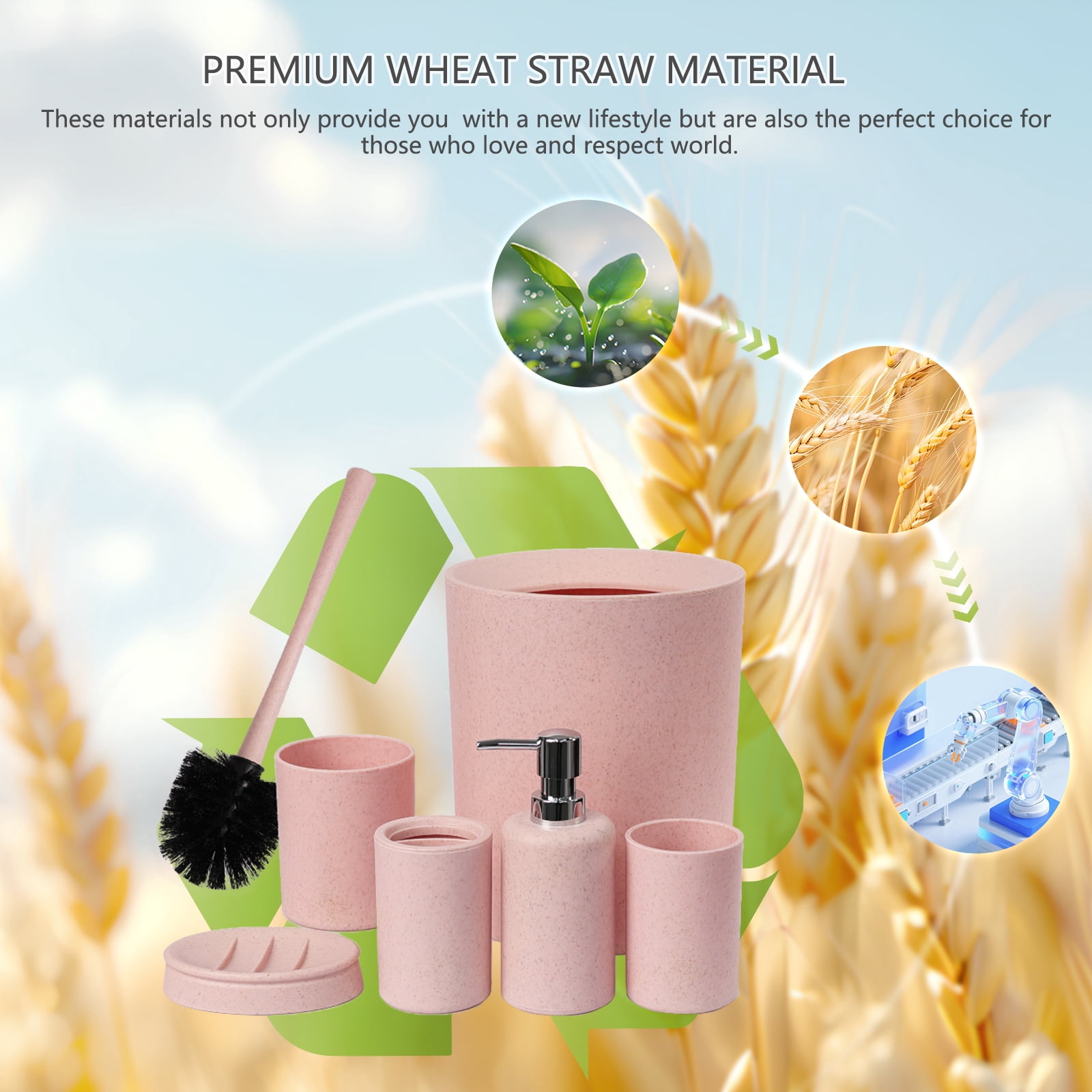 CERBIOR Bathroom Accessories Set 6 Piece Wheat Straw Bath Ensemble Includes Soap Dispenser, Toothbrush Holder, Toothbrush Cup, Soap Dish for Decorative Countertop and Housewarming Gift, Pink